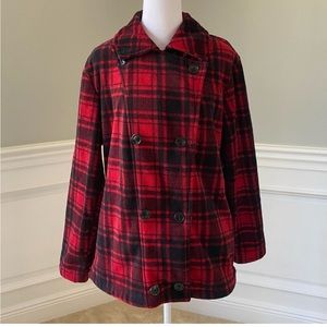 Buffalo plaid red and black double breasted jacket.